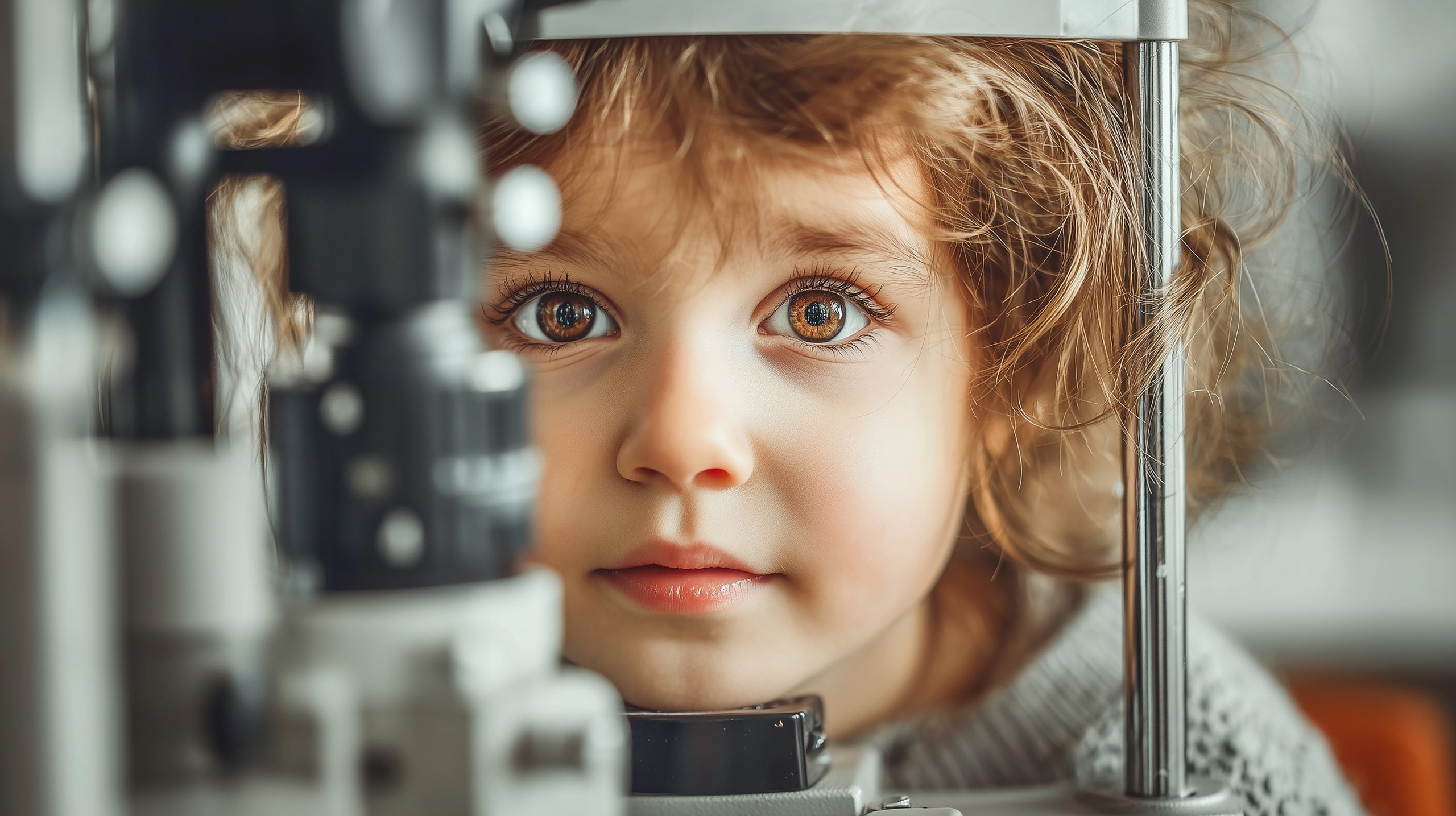 Close-up of young child undergoing eye exam with ophthalmology e Child eye exam