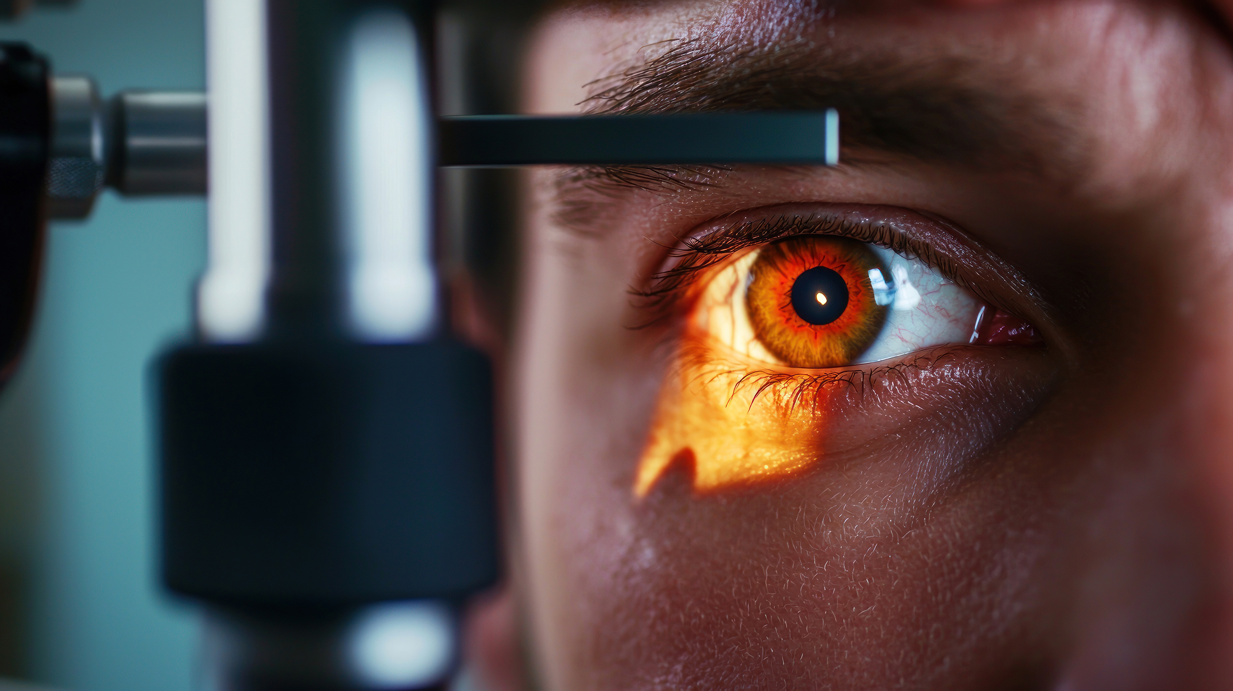 A beam of light illuminates a brown iris during a comprehensive Eye condition diagnoses
