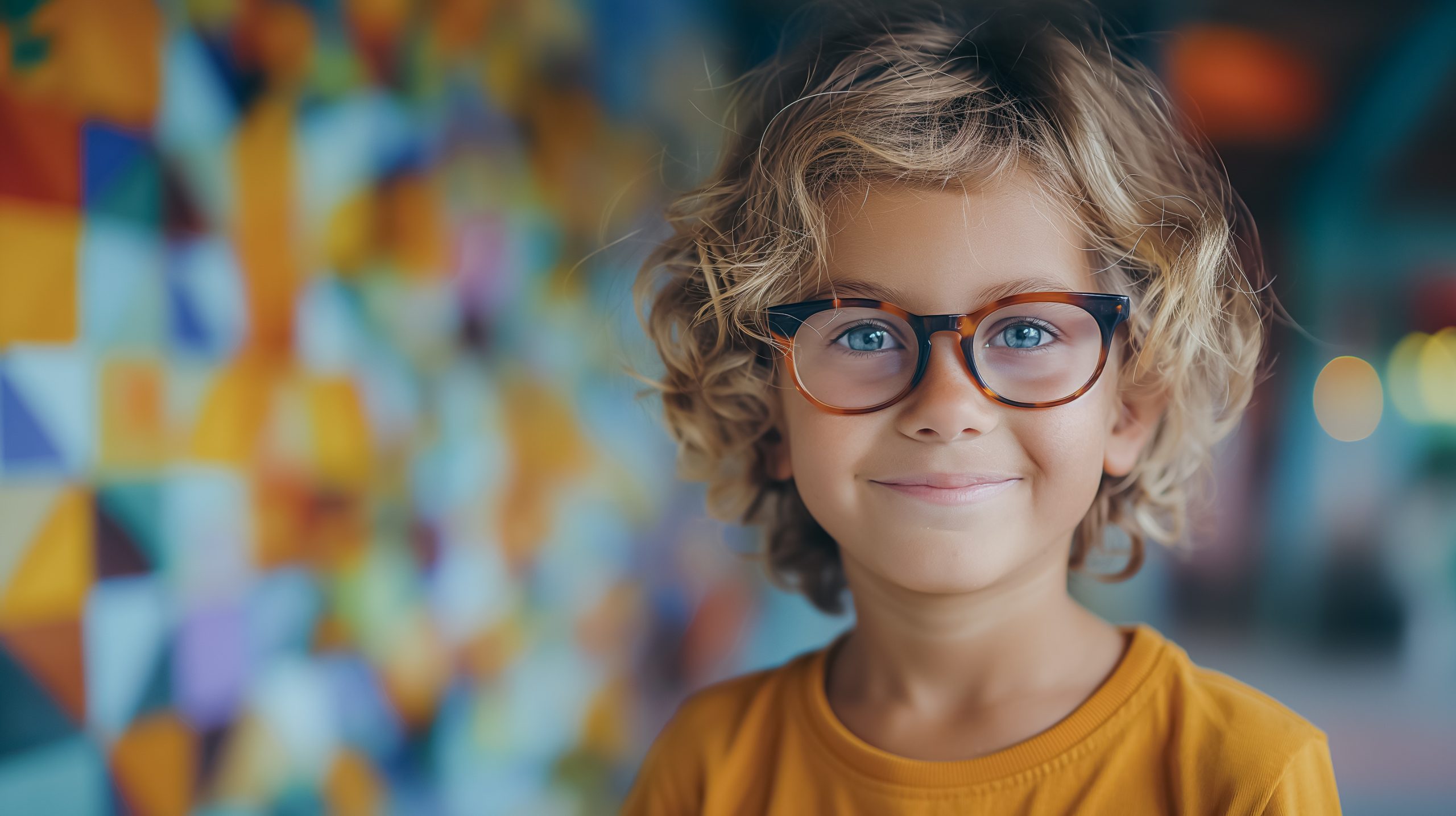 Cheerful boy in glasses on a colorful abstract background, creating an energetic and playful wallpaper or background. little boy in glasses