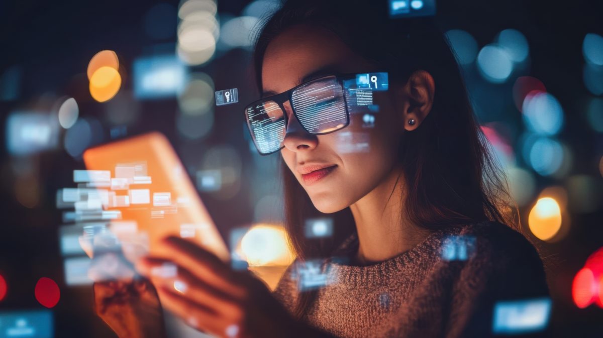 A person wearing augmented reality glasses interacting New Lens Technology